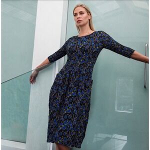Alquema Smash Pocket Dress Size 1 Blue Abstract Crinkle 3/4 Sleeve Midi cockail